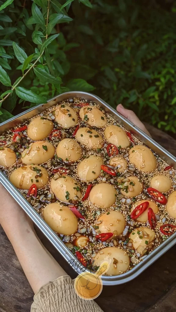 Hột Vịt Ngâm Tương để trong khay